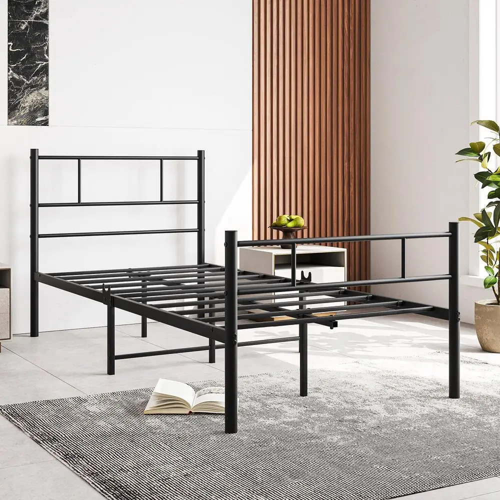 Single Bed Frame with Headboard,Solid Slatted Bed Base,Strong Iron Bedstead For Adults,Underbed Storage Space,Black - Image 5