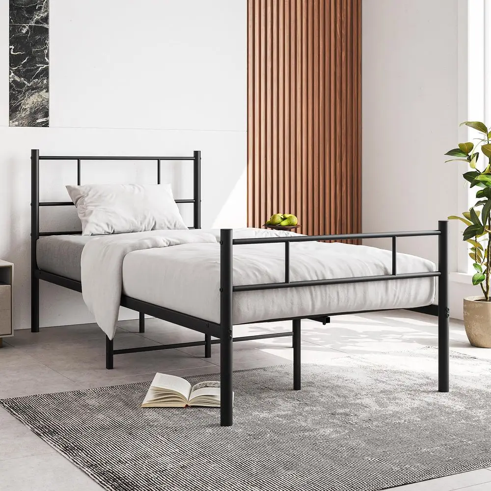 Single Bed Frame with Headboard,Solid Slatted Bed Base,Strong Iron Bedstead For Adults,Underbed Storage Space,Black - Image 3