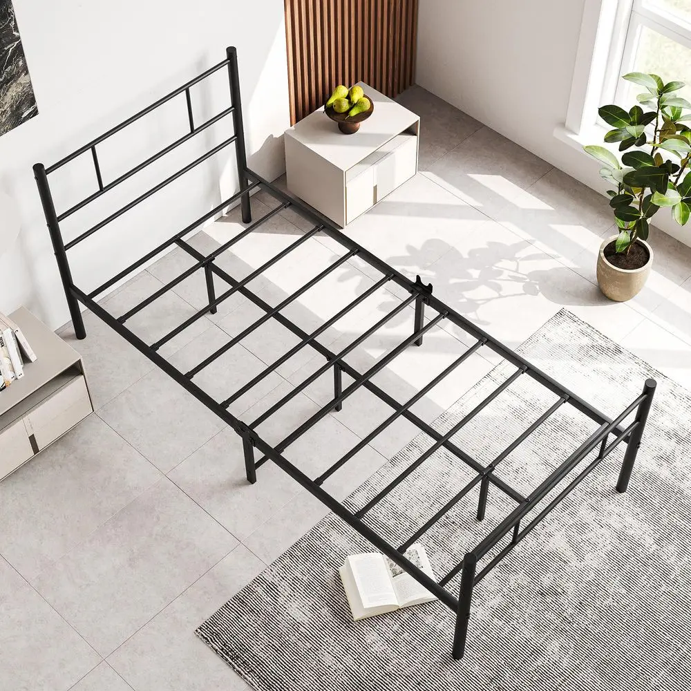 Single Bed Frame with Headboard,Solid Slatted Bed Base,Strong Iron Bedstead For Adults,Underbed Storage Space,Black - Image 4