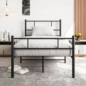 Single Bed Frame with Headboard,Solid Slatted Bed Base,Strong Iron Bedstead For Adults,Underbed Storage Space,Black