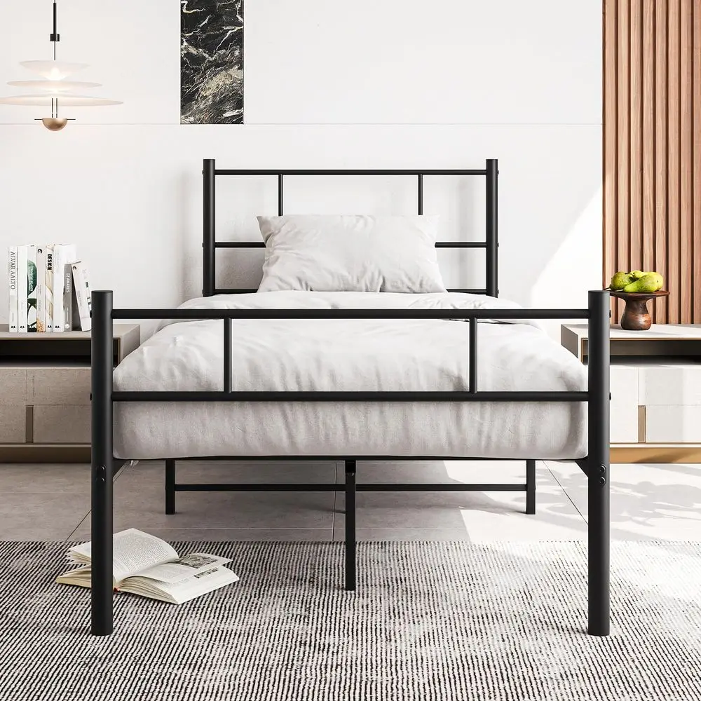 Single Bed Frame with Headboard,Solid Slatted Bed Base,Strong Iron Bedstead For Adults,Underbed Storage Space,Black