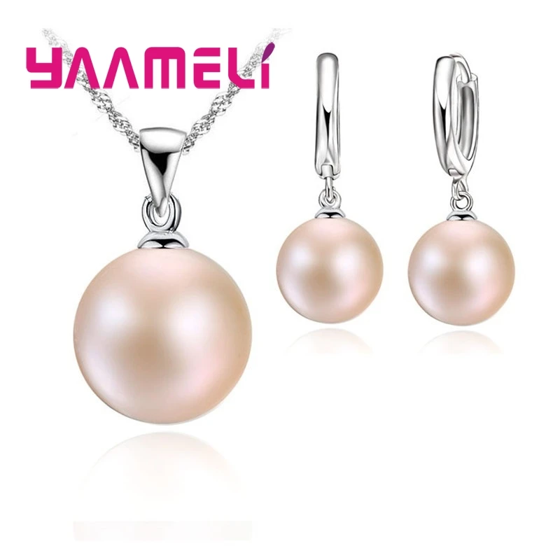 Smooth Women Wedding Jewelry Sets 925 Sterling Silver Pearl Necklace Hoop Earrings Fashion Jewellery Set Accessories - Image 2