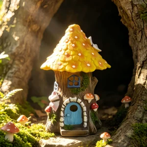 Solar Fairy House Garden Statue Light Waterproof Outdoor LED Warm Night Lamp Yellow Mushroom Roof for Patio Lawn Pathway