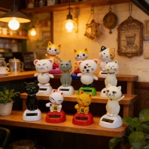 Solar Powered Cartoon Cat Shaking Head Doll Car Ornament - Cute Waving Cat Decor for Car Interior Home Desk Birthday Party Gift