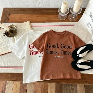 Solid Color Simple Printed Letters T-shirt For Children's Clothes Tops Short Sleeve Crewneck Tees Kids Summer Clothing 1-7 Age