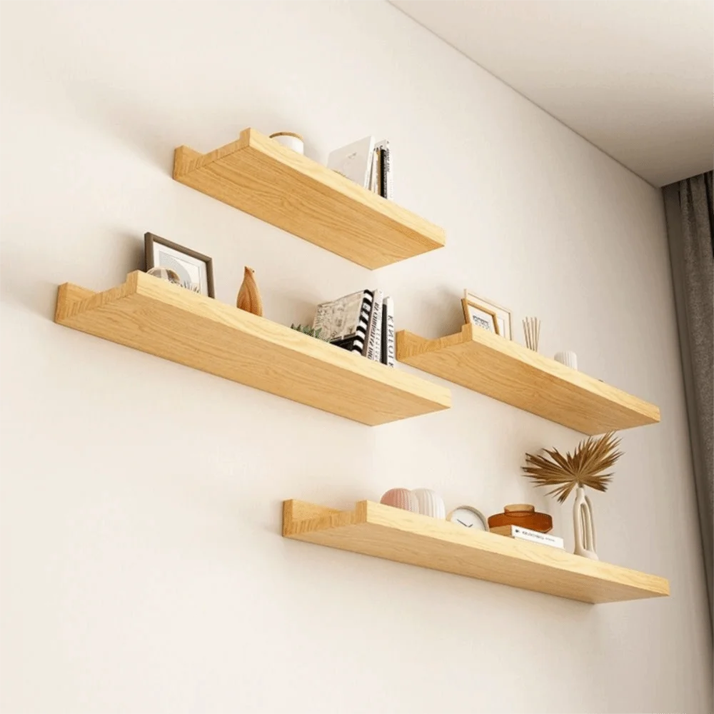 Space Saving Wooden Floating Shelf Minimalist Style Rustic Wall Mounted Storage Rack Decorative Bookshelf Organizer