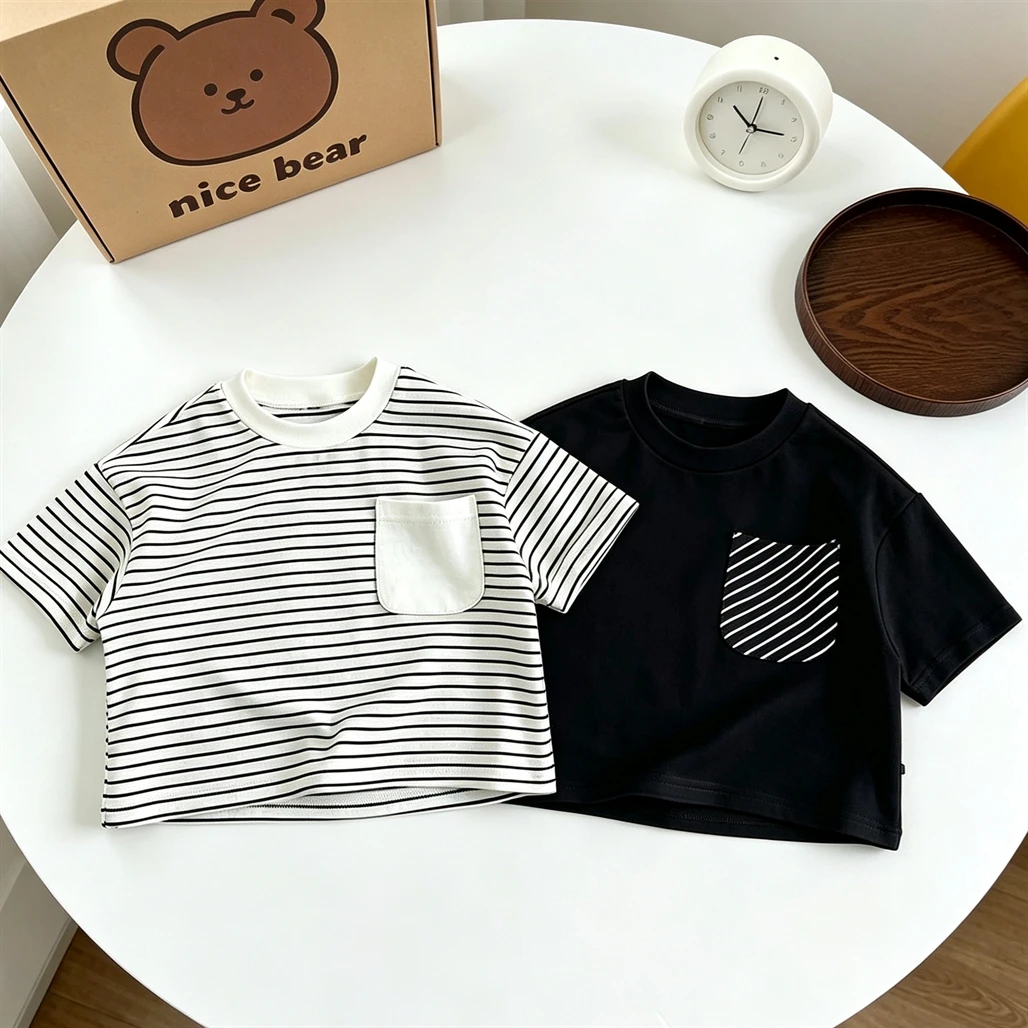 Striped TShirt Children Summer Clothes Short-sleeved Tops Kids New Style Crewneck Bottoming Shirt Baby Loose Casual Clothing