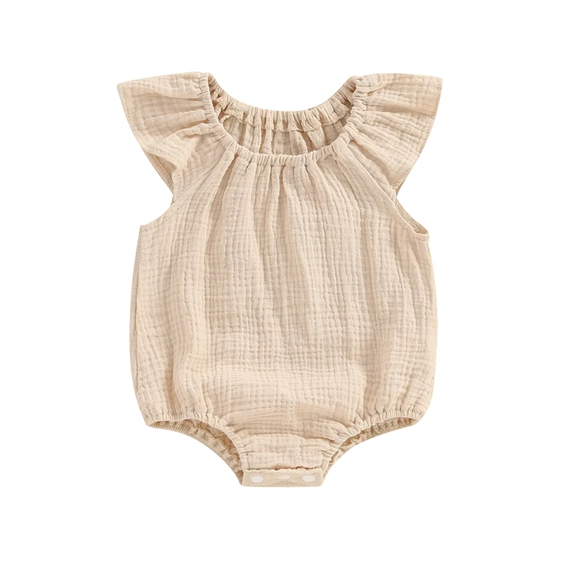 Summer Baby Clothing Girl Boy Rompers Solid Ruffle Sleeve Smocked Bubble Romper Unisex Infants Cotton Linen Jumpsuit - Image 2