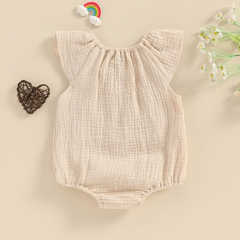 Summer Baby Clothing Girl Boy Rompers Solid Ruffle Sleeve Smocked Bubble Romper Unisex Infants Cotton Linen Jumpsuit - Image 5