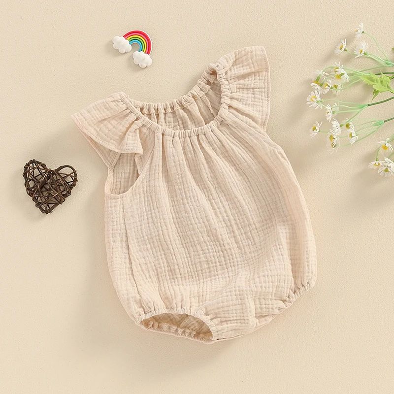 Summer Baby Clothing Girl Boy Rompers Solid Ruffle Sleeve Smocked Bubble Romper Unisex Infants Cotton Linen Jumpsuit - Image 3