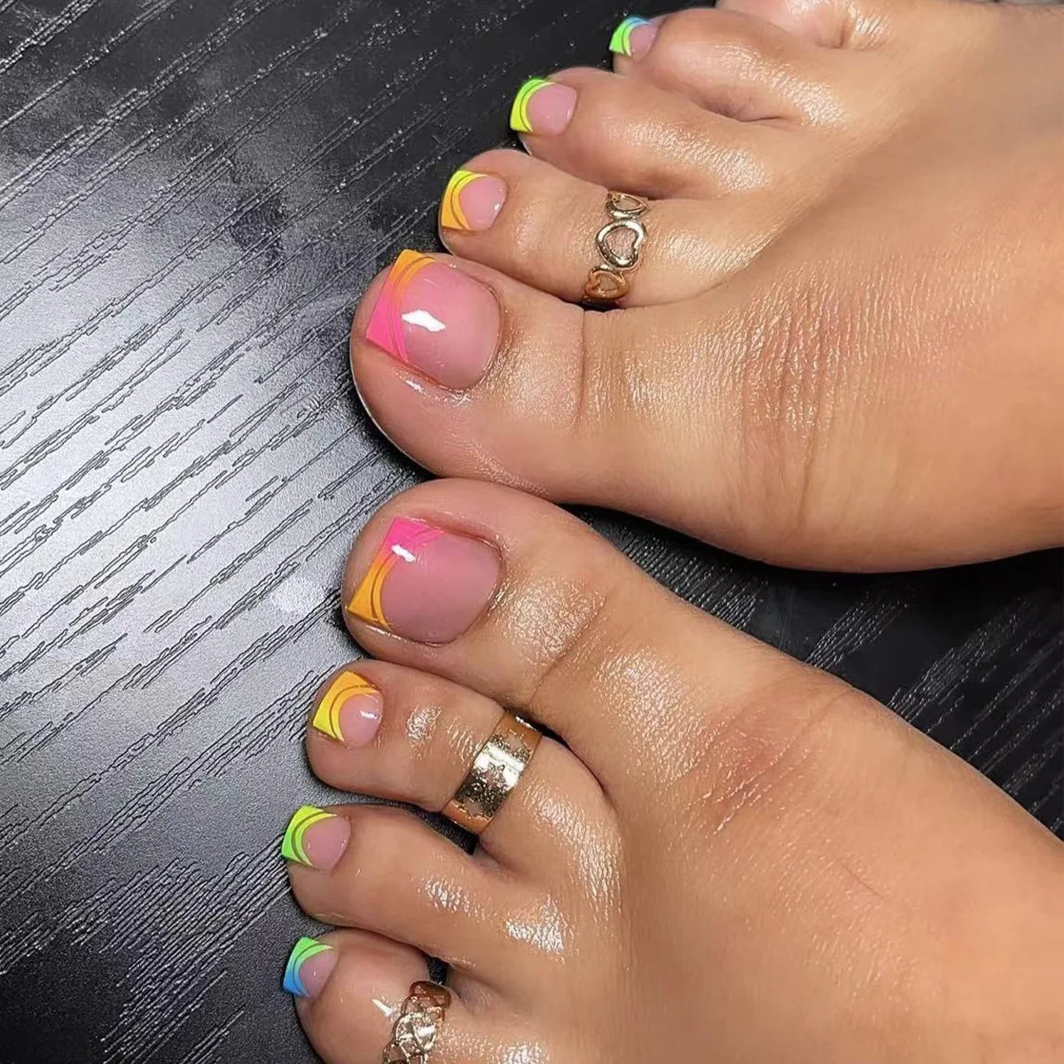 Summer French Gradient False Toe Nails Wearable Short Square Foot Nails Set Press On Nail Tips Rainbow Fake Toenails Full Cover - Image 2