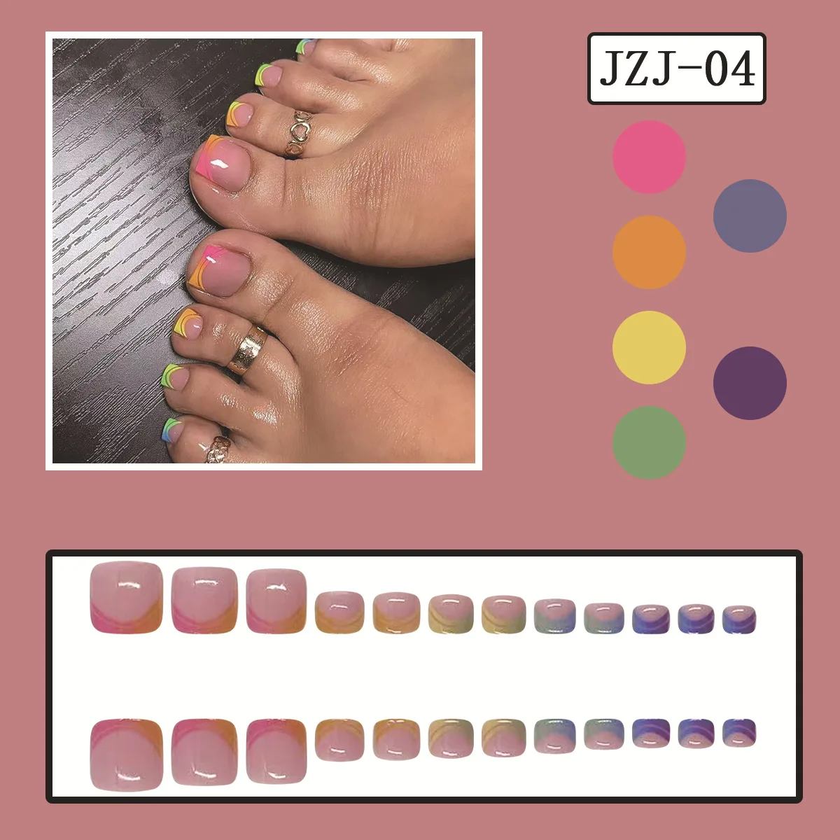Summer French Gradient False Toe Nails Wearable Short Square Foot Nails Set Press On Nail Tips Rainbow Fake Toenails Full Cover - Image 3