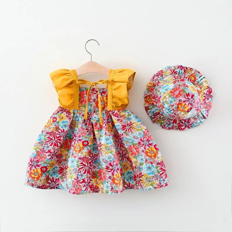 Summer New Floral Baby Girl Dress, Sweet Ruffled Sleeves Children'S Clothing With Free Hat For Babies Aged 9 Months To 3 Years - Image 3