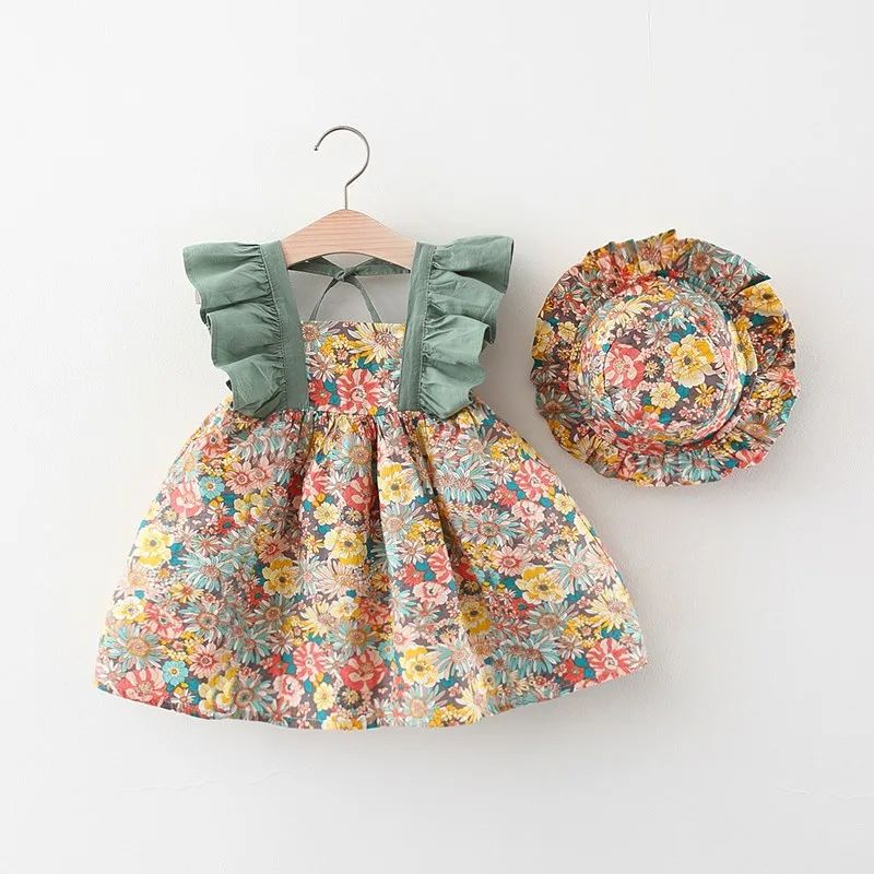 Summer New Floral Baby Girl Dress, Sweet Ruffled Sleeves Children'S Clothing With Free Hat For Babies Aged 9 Months To 3 Years