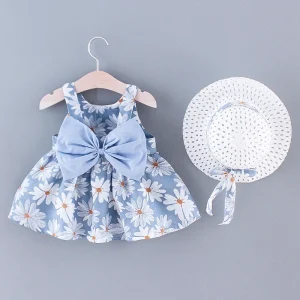 Summer New Sweet Bow Baby Girl Dress With Small Floral Children'S Clothing And Hat (9 Months -3 Years Old)