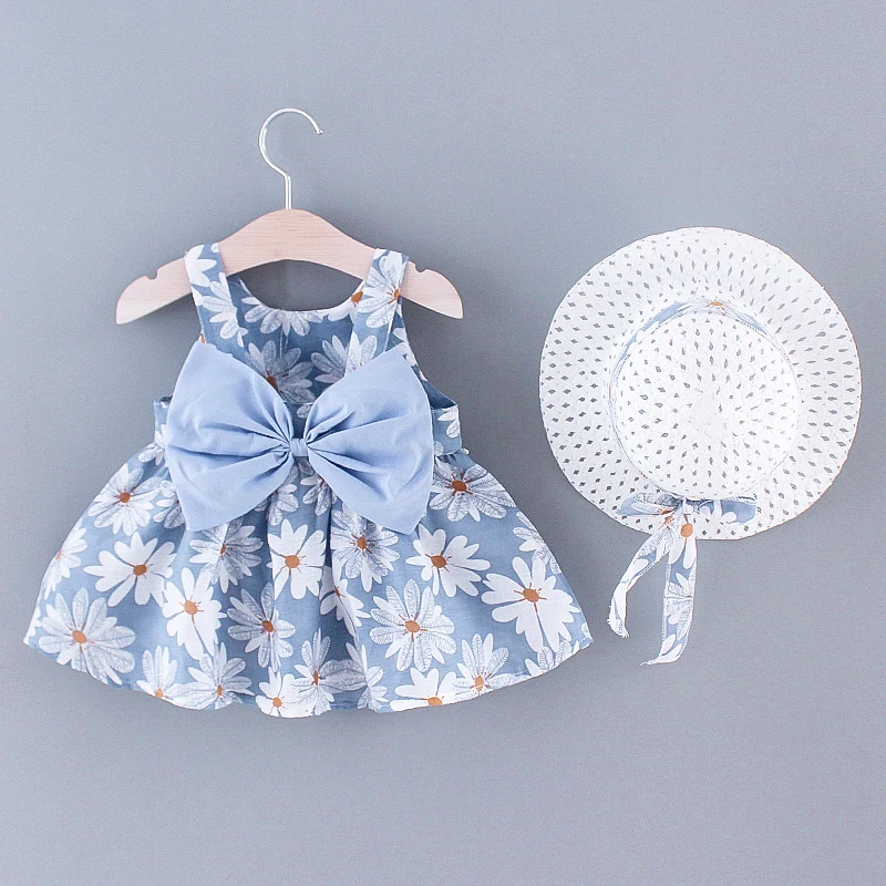 Summer New Sweet Bow Baby Girl Dress With Small Floral Children'S Clothing And Hat (9 Months -3 Years Old)