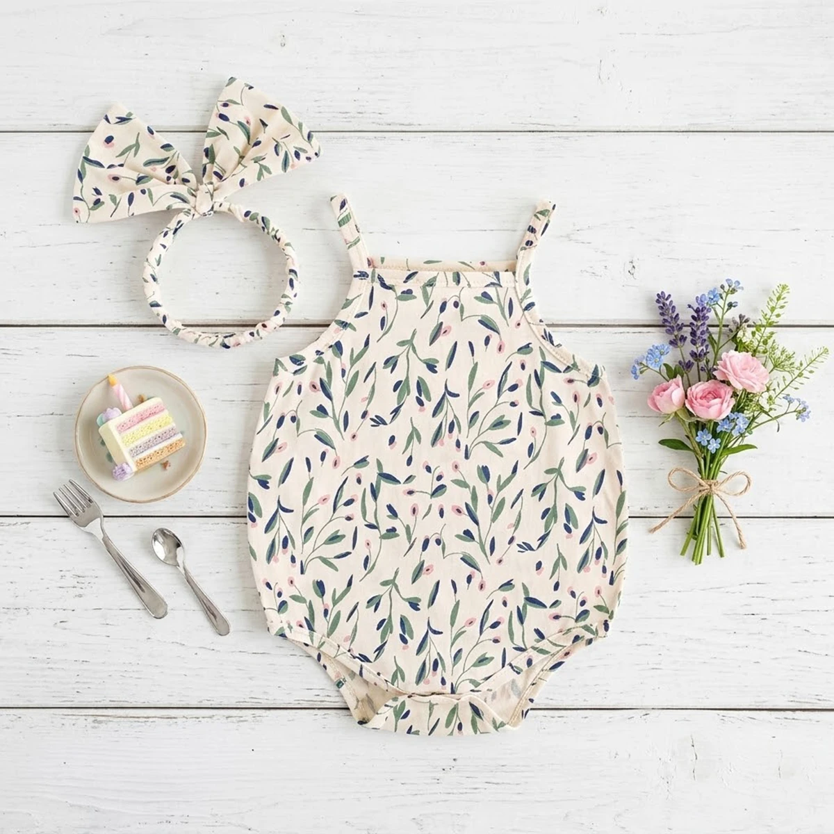 Sweet Baby Girls Bodysuits Summer Infants Flower Onesies Sleeveless with Headband