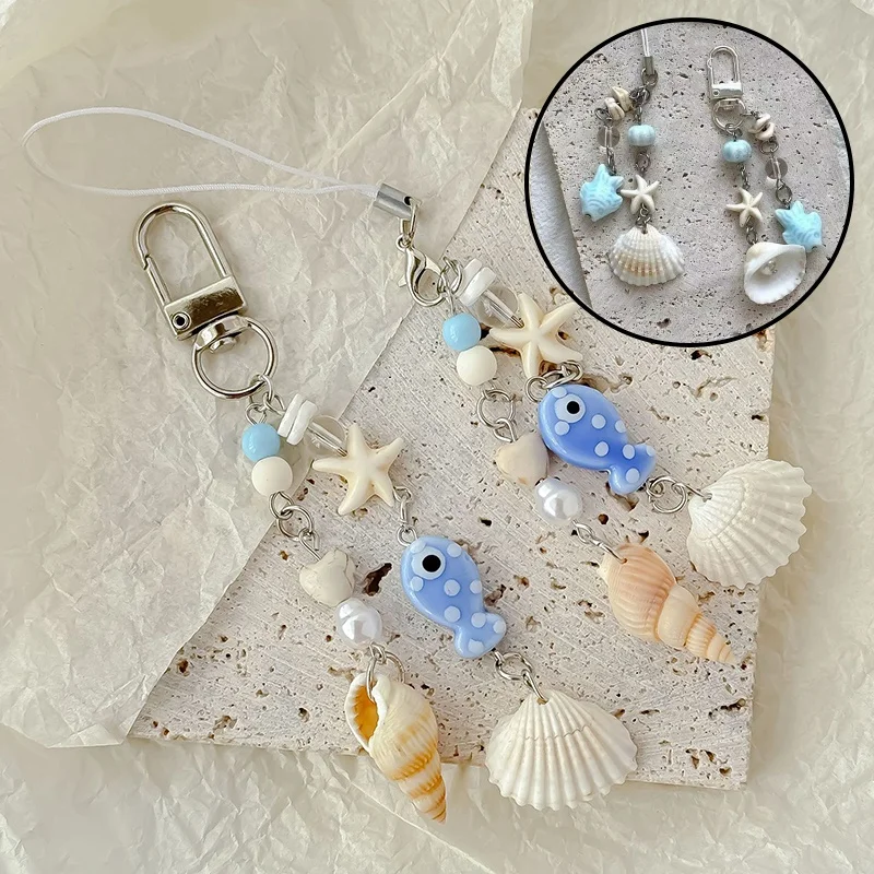 Sweet Y2K Fish Phone Chain Phone Case Phone Charm Pendant Mobile Lanyard Cute Beaded Cell Phone Strap Bag Keychain