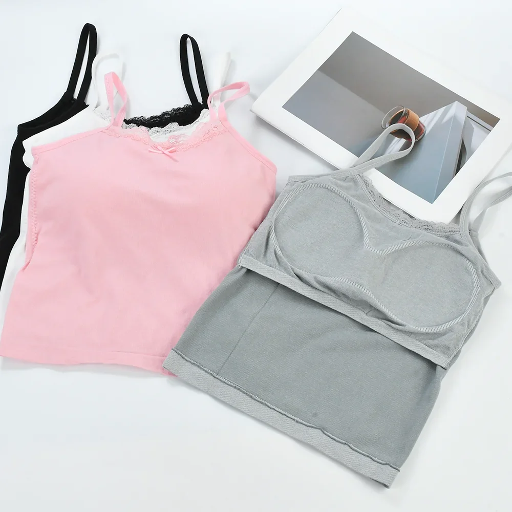 Teenager Padded Bra Tank Top Students Summer Print Crop Tops Girls Lace Camisole Developmental Vest With Built In Bra Girl Gift - Image 3