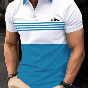 The 2025 summer new men's short-sleeved POLO shirt features a casual fashionable and breathable 3D striped pattern print