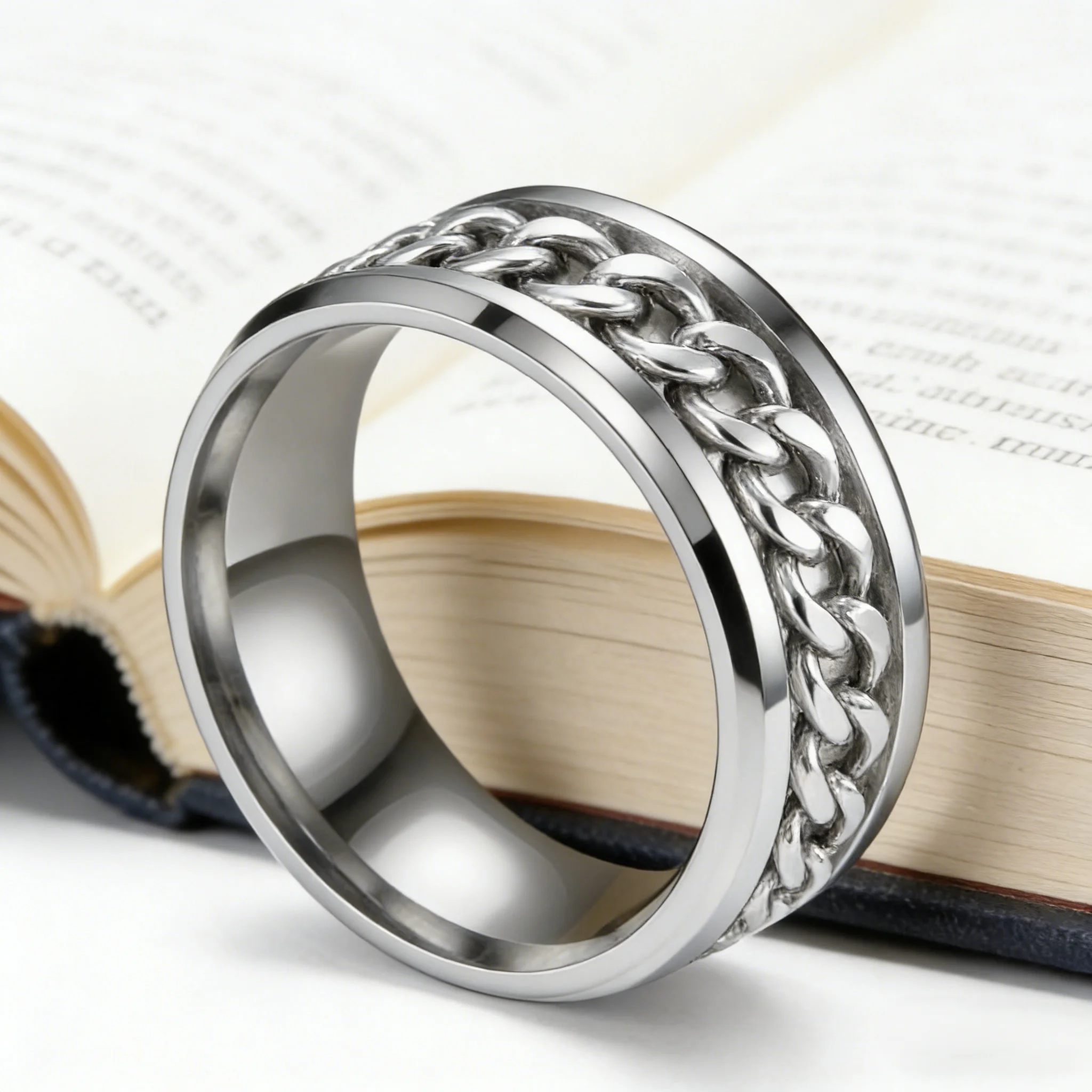 WMCHX Fashion Anxiety Fidget Rings Relaxing Stainless Steel Rotatable Chain Ring for Men Women Spinner Jewelry - Image 2