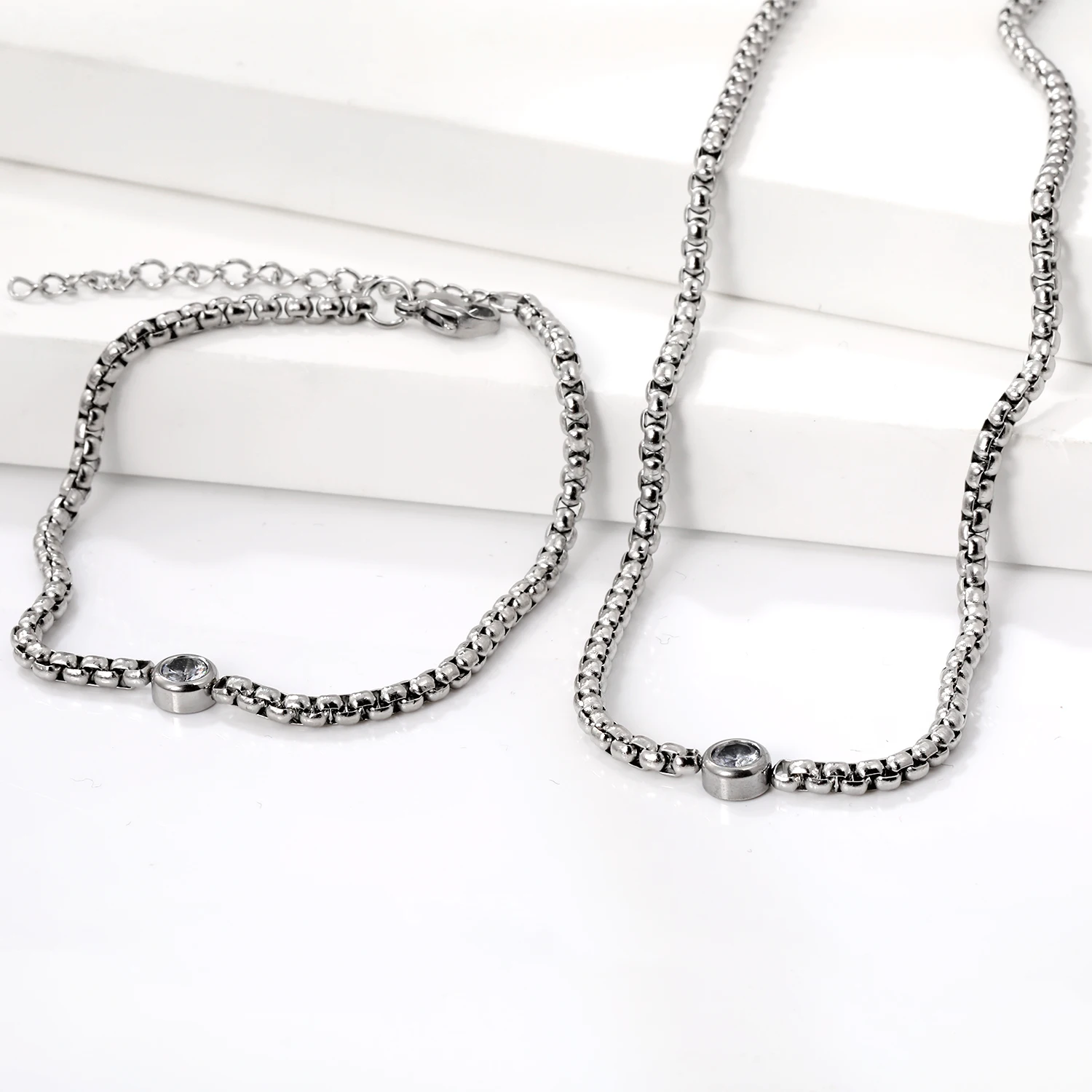 Trendy Inlaid Single Zirconia Minimalist Jewelry Set Necklace Bracelets Stainless Steel Women Chain Wedding Minimalist Jewelry - Image 6