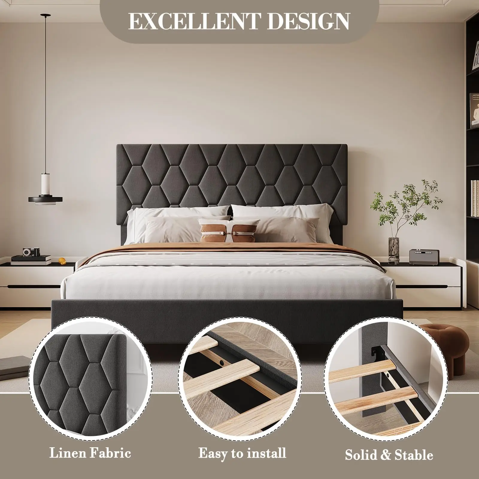 Upholstered Bed Frame Single Double King Size With Headboard, Metal Platform Wooden Slats, No Box Spring, Under Bed Storage - Image 2