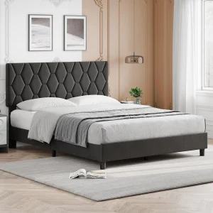 Upholstered Bed Frame Single Double King Size With Headboard, Metal Platform Wooden Slats, No Box Spring, Under Bed Storage