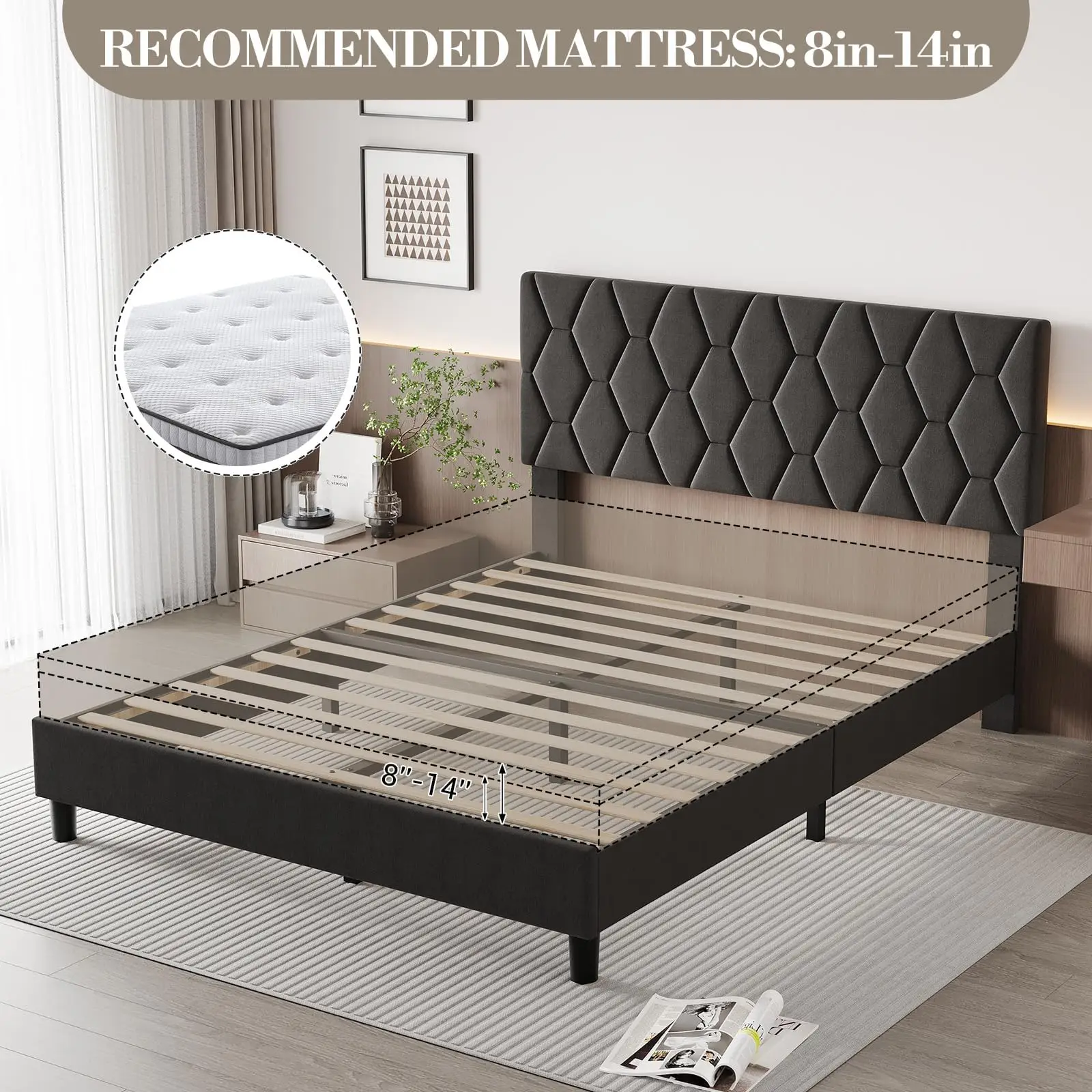 Upholstered Bed Frame Single Double King Size With Headboard, Metal Platform Wooden Slats, No Box Spring, Under Bed Storage - Image 6
