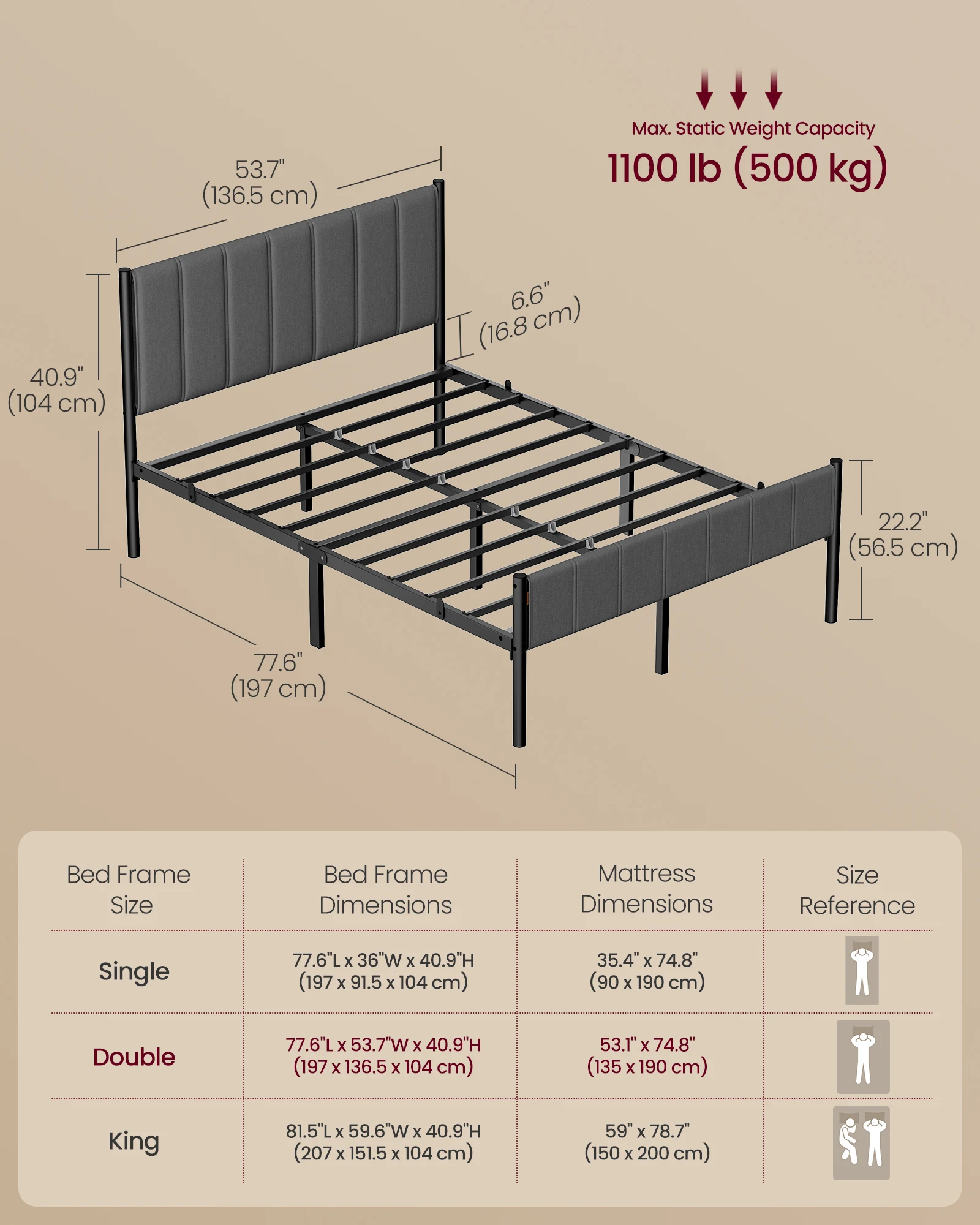 VASAGLE Double Bed Frame, with Upholstered Headboard, Metal Bed Frame, 500 kg Weight Capacity, Easy Assembly - Image 2