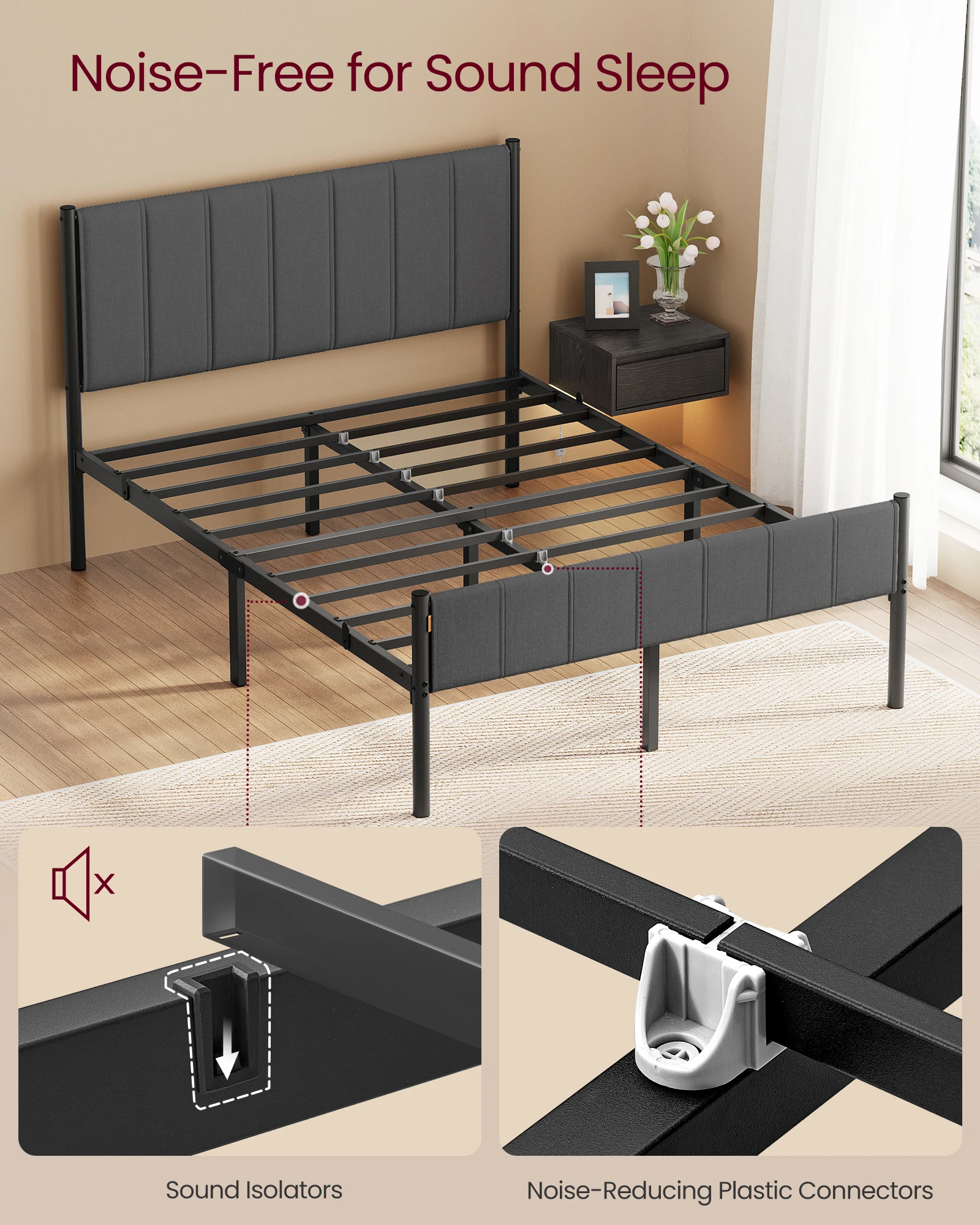 VASAGLE Double Bed Frame, with Upholstered Headboard, Metal Bed Frame, 500 kg Weight Capacity, Easy Assembly - Image 5