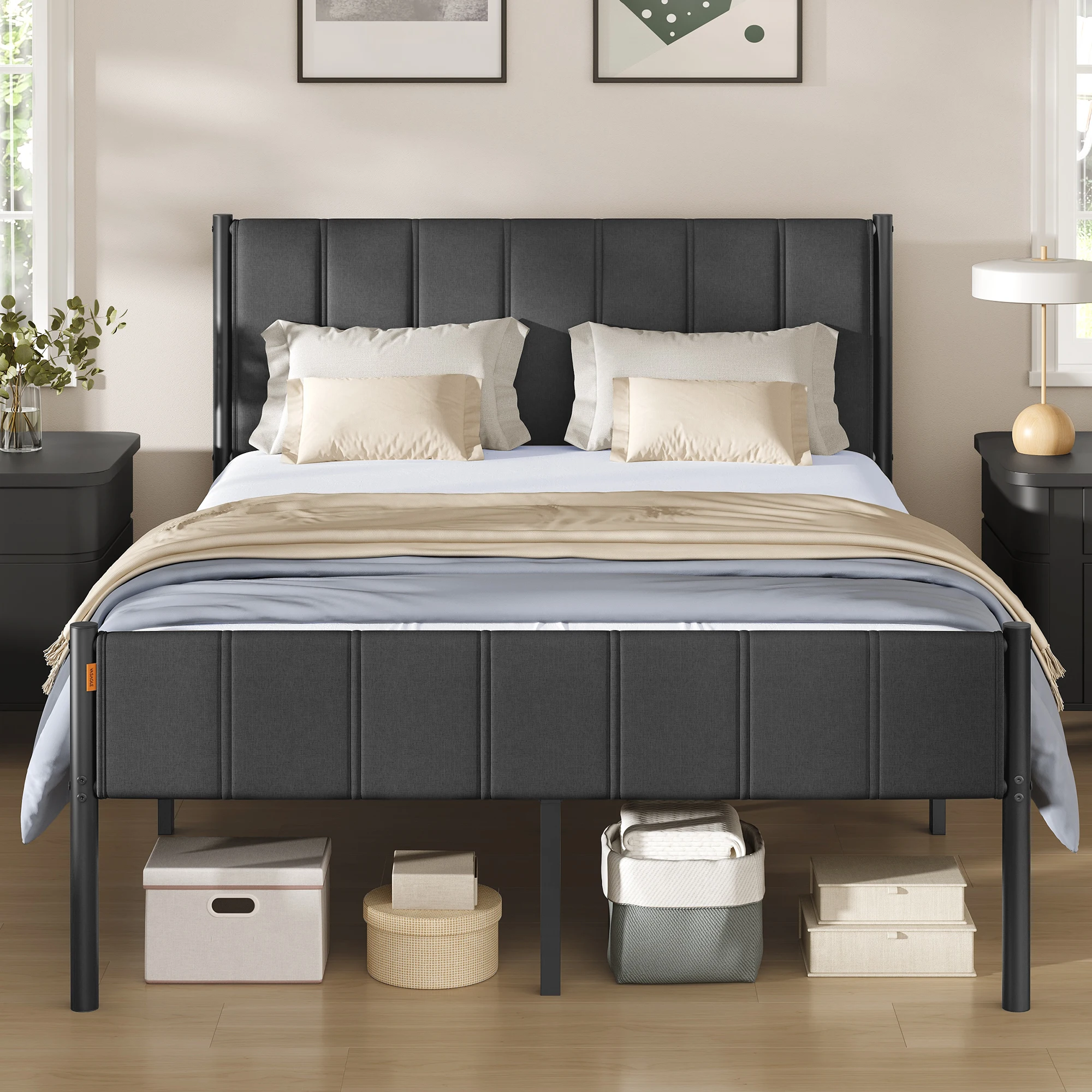 VASAGLE Double Bed Frame, with Upholstered Headboard, Metal Bed Frame, 500 kg Weight Capacity, Easy Assembly