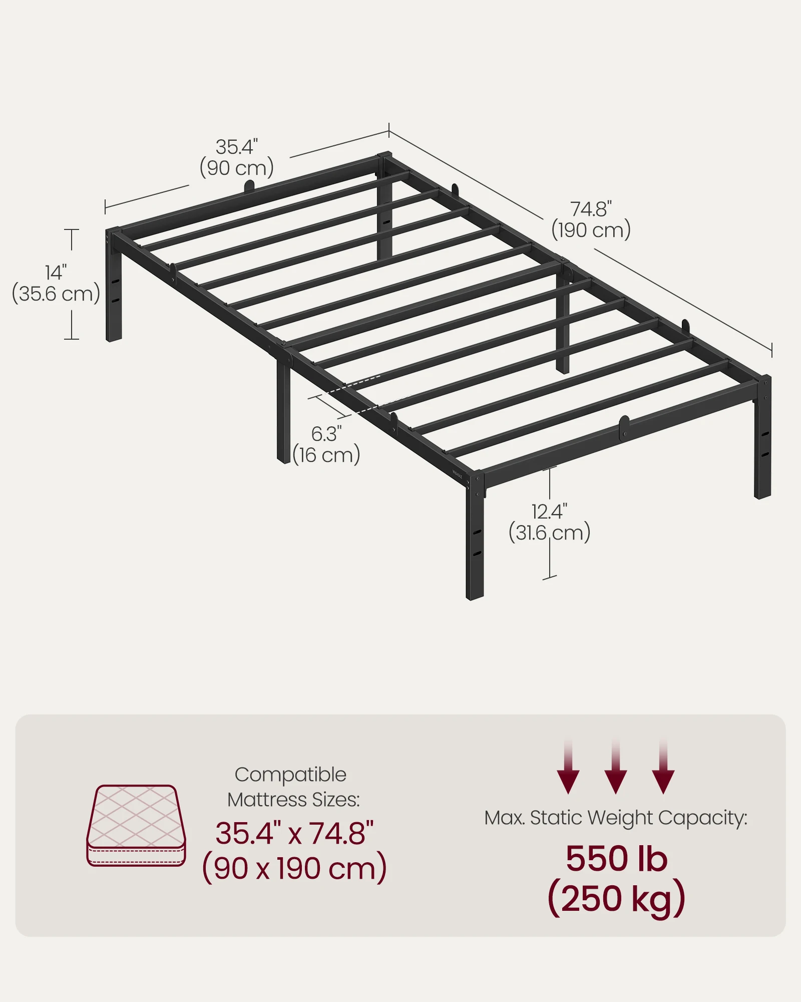 VASAGLE Single Metal Bed Frame, 90 x 190 cm, Under-Bed Space, Modern Style, for Guest Room, Easy Assembly, Ink Black - Image 2