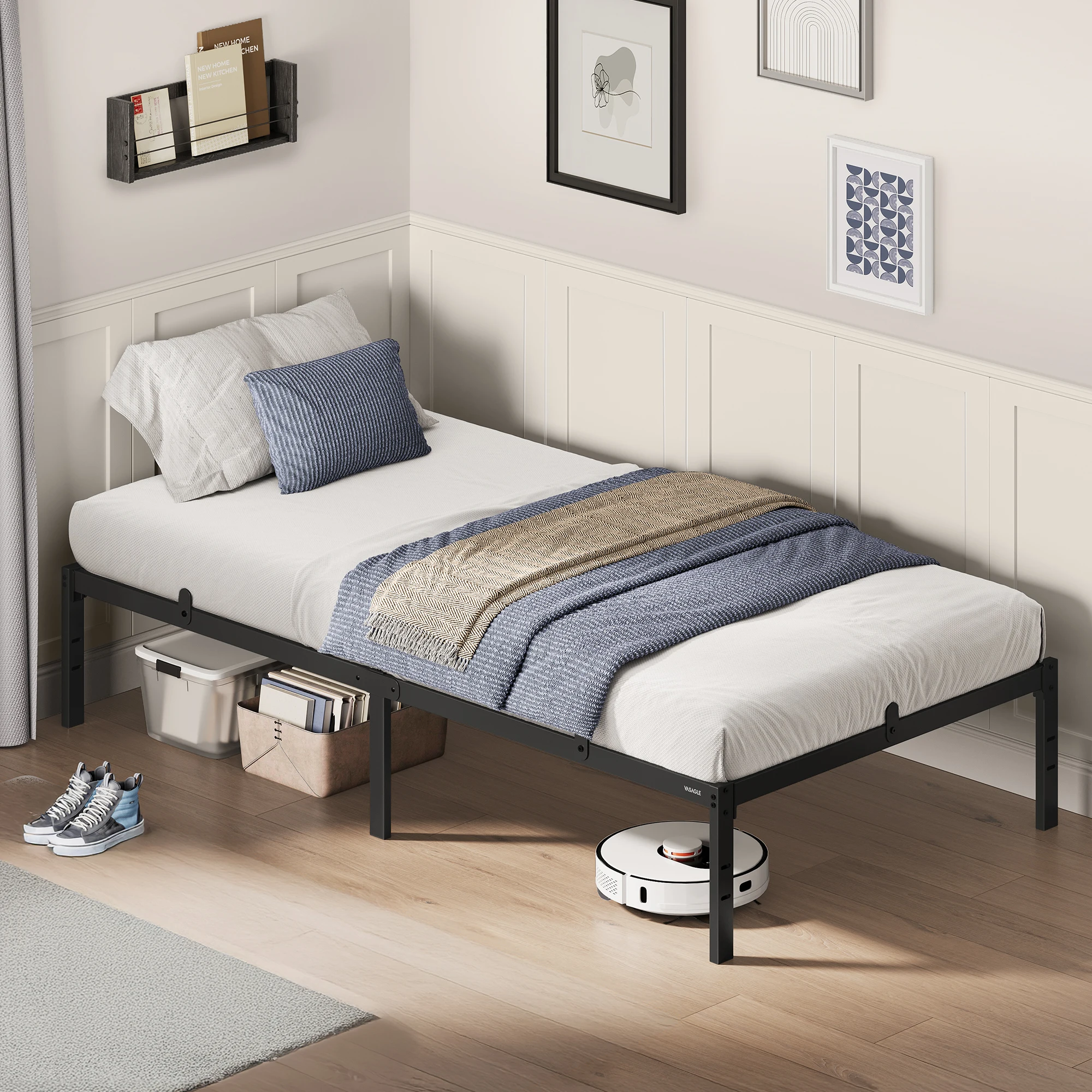 VASAGLE Single Metal Bed Frame, 90 x 190 cm, Under-Bed Space, Modern Style, for Guest Room, Easy Assembly, Ink Black