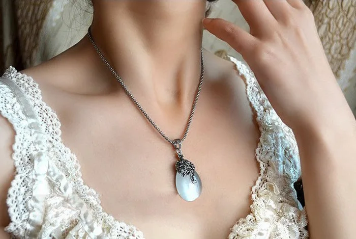 Vintage 925 Sterling Silver Jewelry Sets For Women Fashion Water Drop Shape Cat Eye Stone Pendants Necklace Earring Set - Image 5