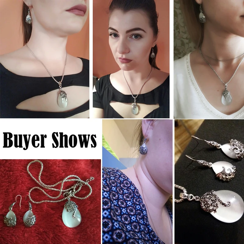 Vintage 925 Sterling Silver Jewelry Sets For Women Fashion Water Drop Shape Cat Eye Stone Pendants Necklace Earring Set - Image 6
