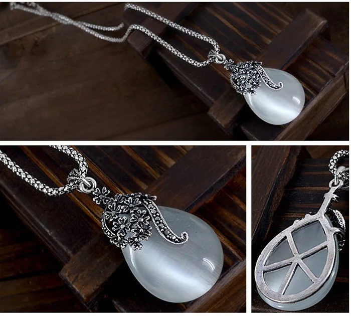 Vintage 925 Sterling Silver Jewelry Sets For Women Fashion Water Drop Shape Cat Eye Stone Pendants Necklace Earring Set - Image 4