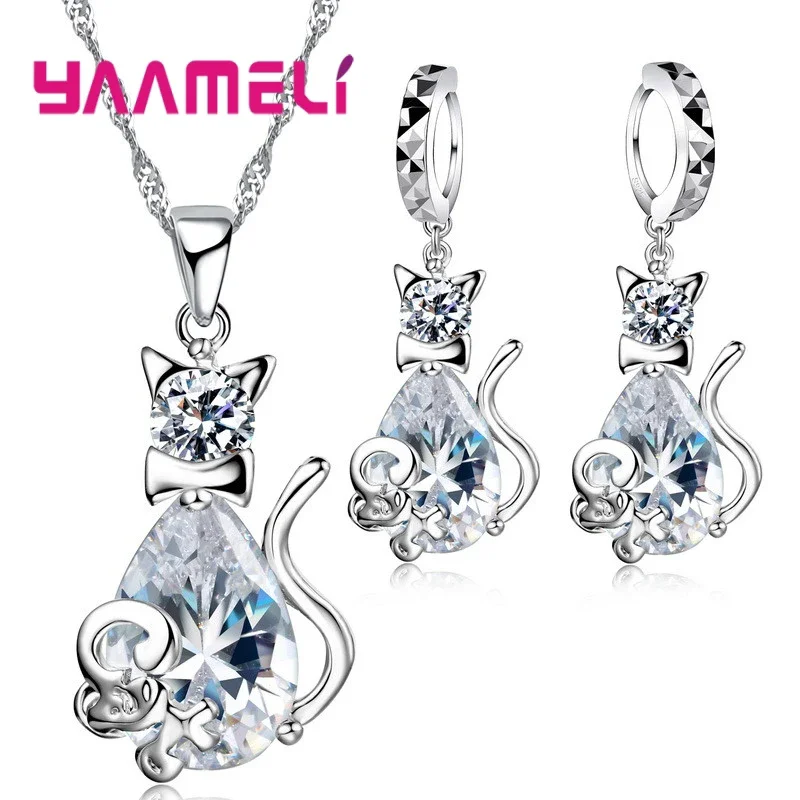 Vintage Real Pure 925 Sterling Silver Gift Jewelry Sets for Women Female Shiny Cubic Zircon Pendant Necklace Huggie Earrings - Image 3