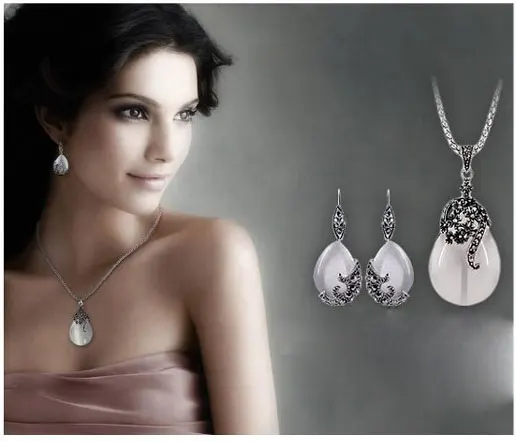 Vintage Water Drop Pendant Necklaces Earrings Set Silver Needle Wedding Engagement Jewelry Sets for Women - Image 2