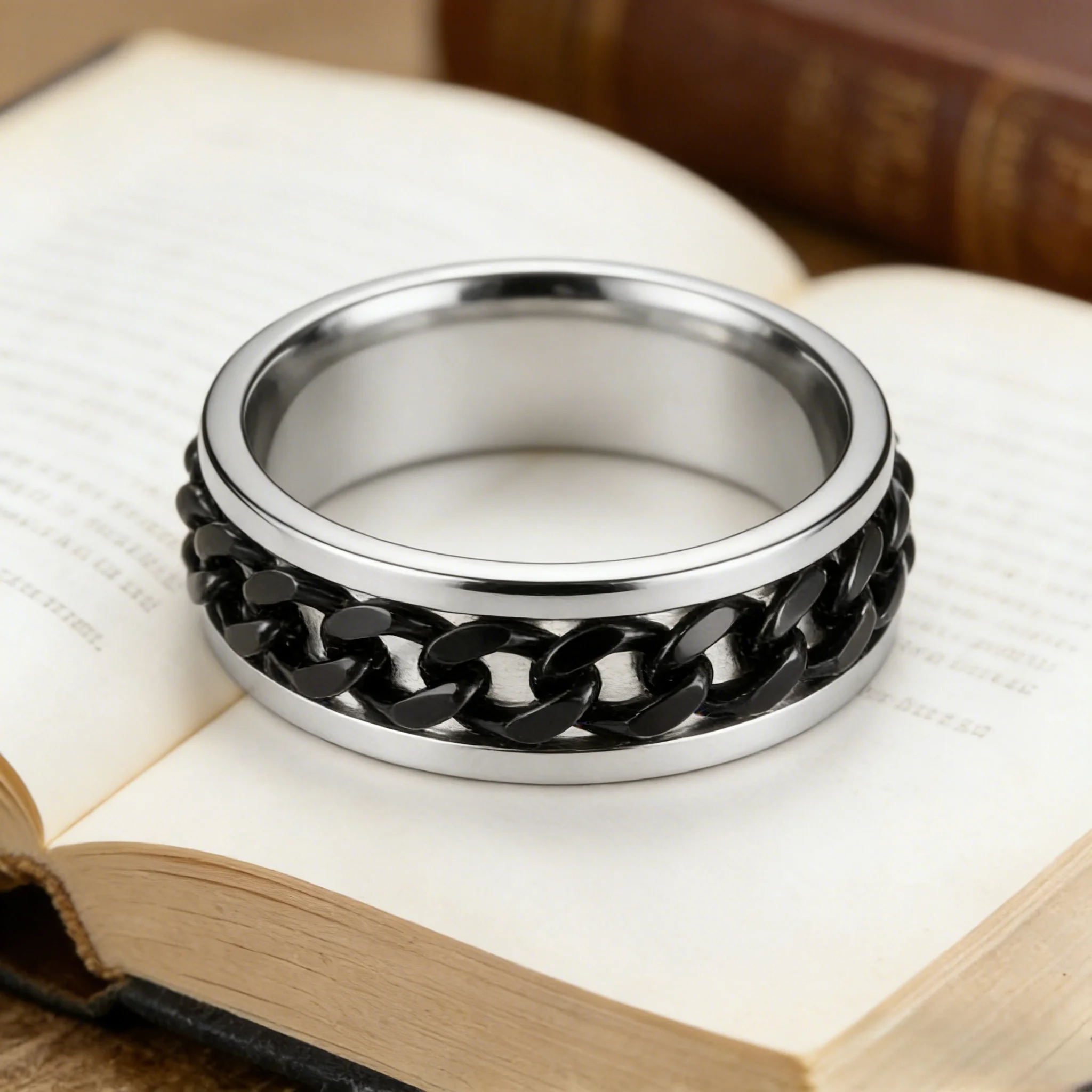 WMCHX Fashion Anxiety Fidget Rings Relaxing Stainless Steel Rotatable Chain Ring for Men Women Spinner Jewelry - Image 3