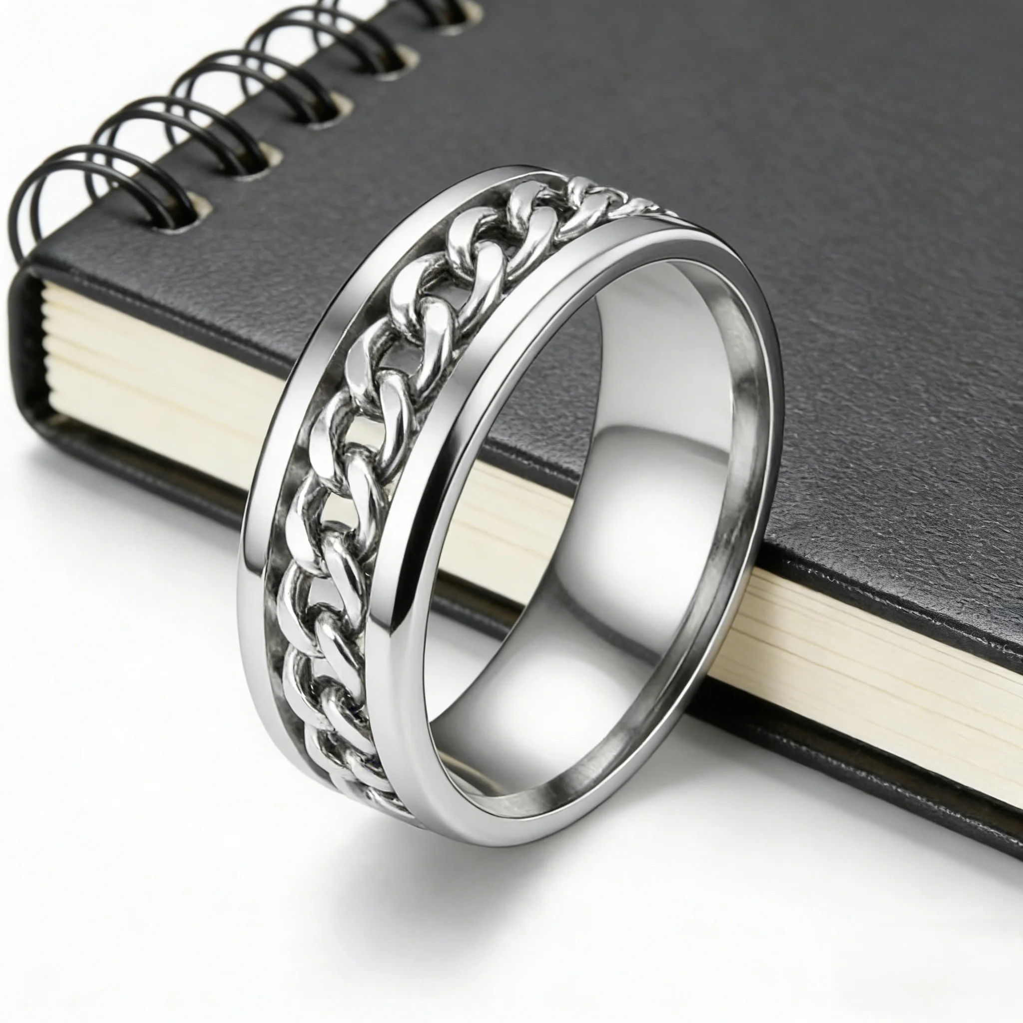WMCHX Fashion Anxiety Fidget Rings Relaxing Stainless Steel Rotatable Chain Ring for Men Women Spinner Jewelry