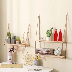 Wall-Mounted Floating Shelf with Rope, Rustic Wooden Dual-Layer Wall Storage Rack, Perfect Bathroom & Bedroom, Boho Home Decor
