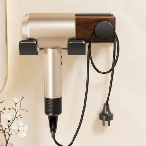 Walnut Wood Hairdryer Holder for No Drilling Bathroom Shelf with Easy Installation, Storage Rack Organizer