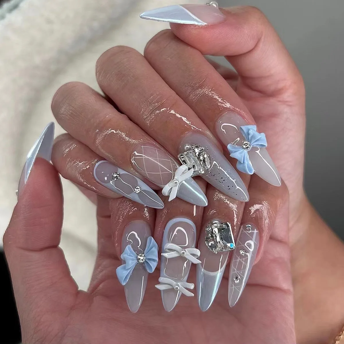 White French Short Press on Nails 3D Bowknot Designs Nude Color Fake Nails Artificial False Nails Tips for Woman DIY Manicure - Image 5