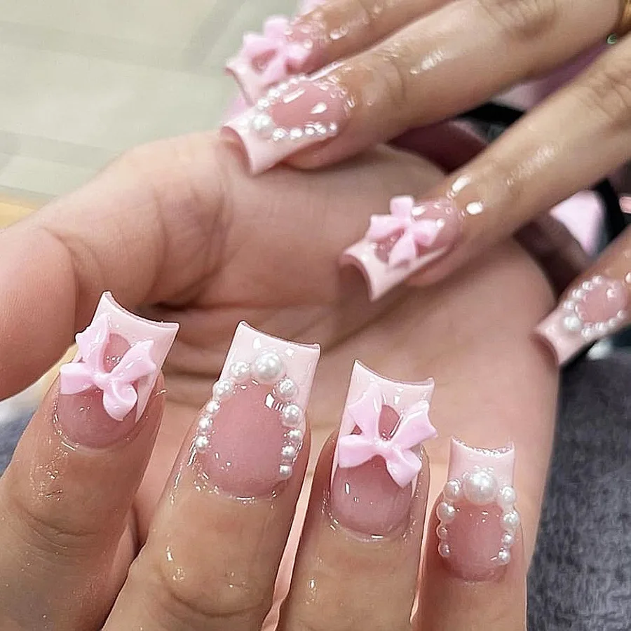 White French Short Press on Nails 3D Bowknot Designs Nude Color Fake Nails Artificial False Nails Tips for Woman DIY Manicure - Image 6