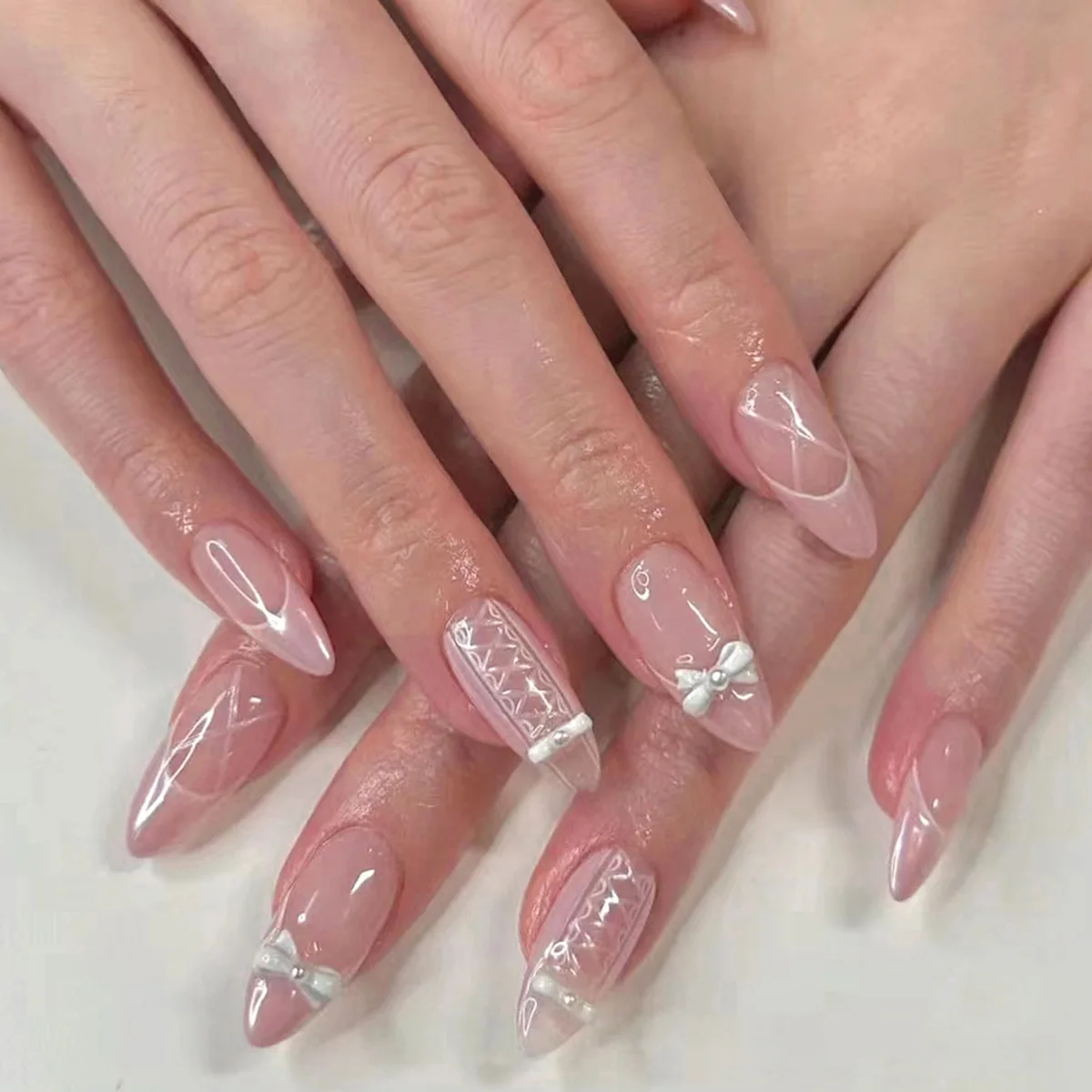 White French Short Press on Nails 3D Bowknot Designs Nude Color Fake Nails Artificial False Nails Tips for Woman DIY Manicure - Image 4