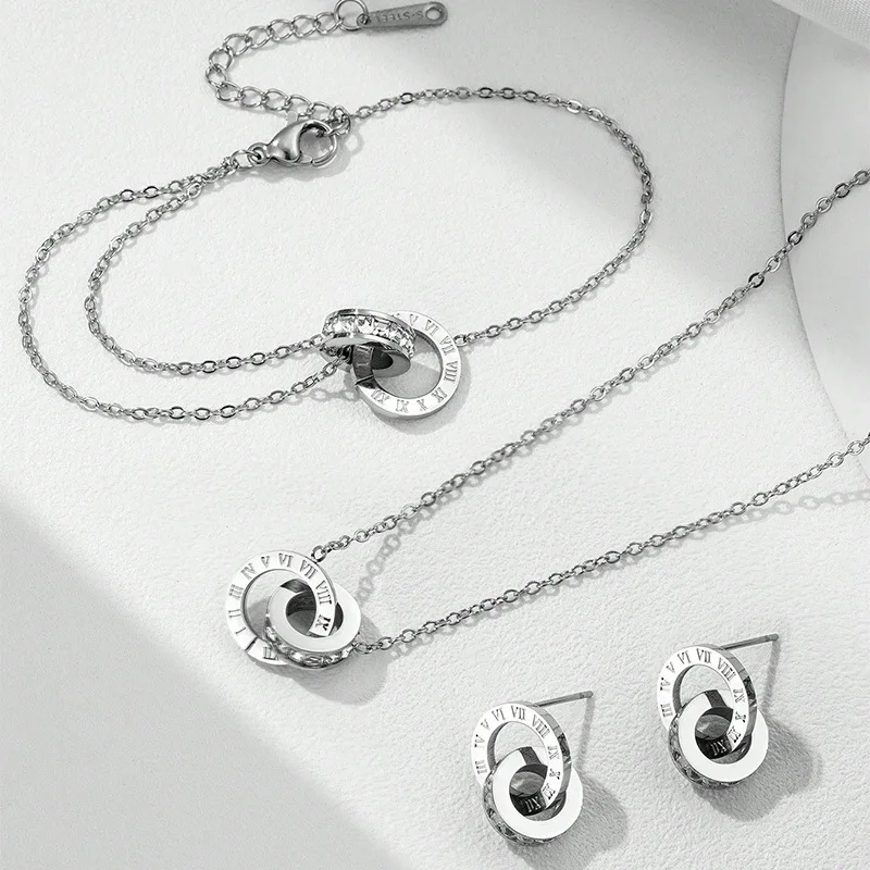 Women's Classic Roman Numerals Jewelry Set Stainless Steel Versatile Simple Daily Necklace Bracelet Earrings - Image 2