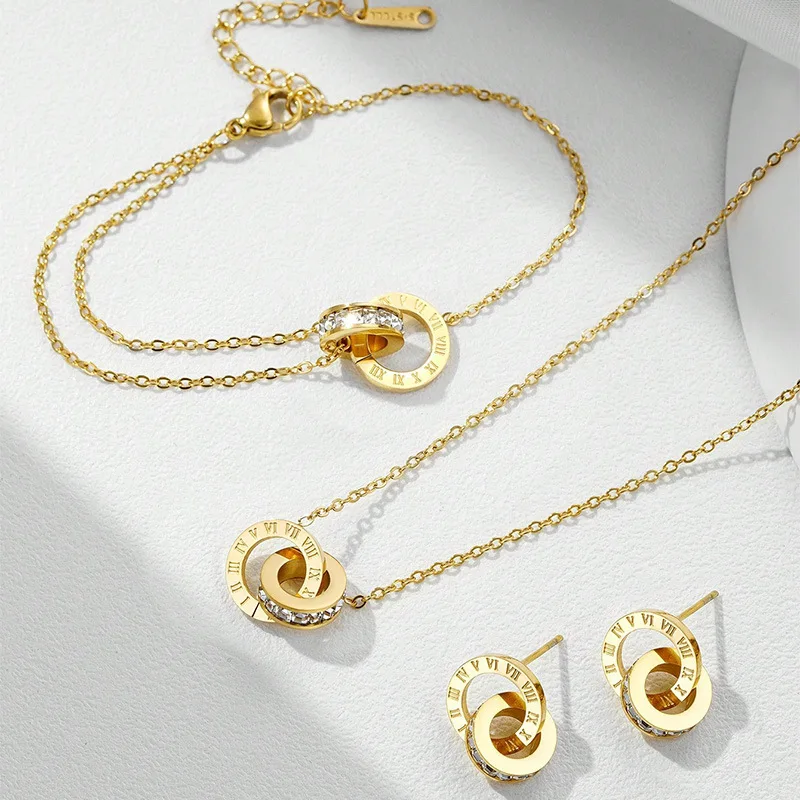 Women's Classic Roman Numerals Jewelry Set Stainless Steel Versatile Simple Daily Necklace Bracelet Earrings - Image 3