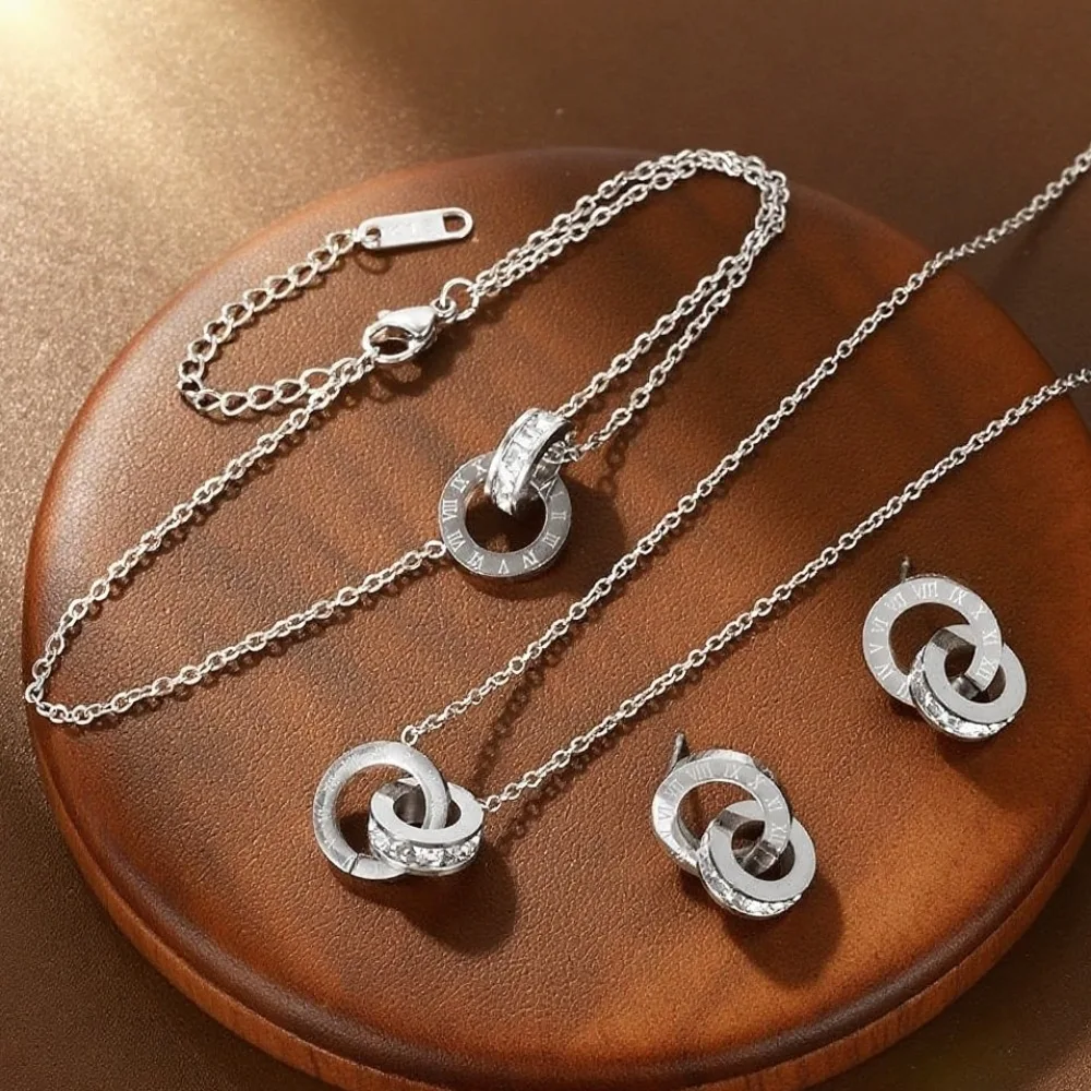 Women's Classic Roman Numerals Jewelry Set Stainless Steel Versatile Simple Daily Necklace Bracelet Earrings - Image 5