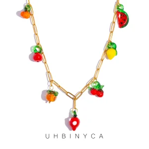 Women's Colorful Fruit Charm Necklace - Dopamine Hypoallergenic Stainless Steel Chain, Summer Vibe Beach Jewelry for Vacation